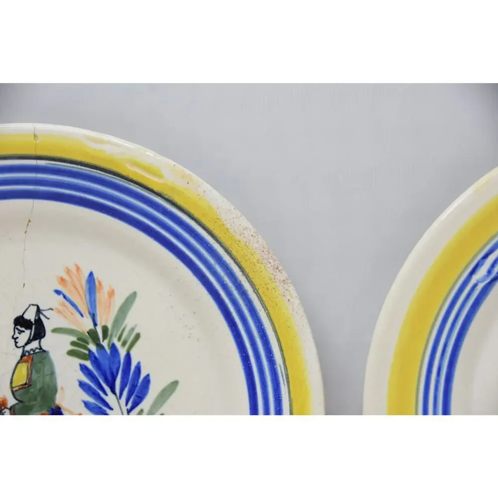 Henriot Quimper Petit Breton Primitive French Faïence Figural Plates, Set of 2